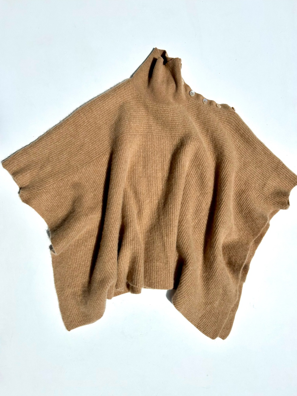 White + Warren 100% Cashmere Poncho Button-Shoulder Mock Neck Sweater, Camel, S